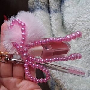 Pink Pearl Keychain with Pom Pom And Matte Lip